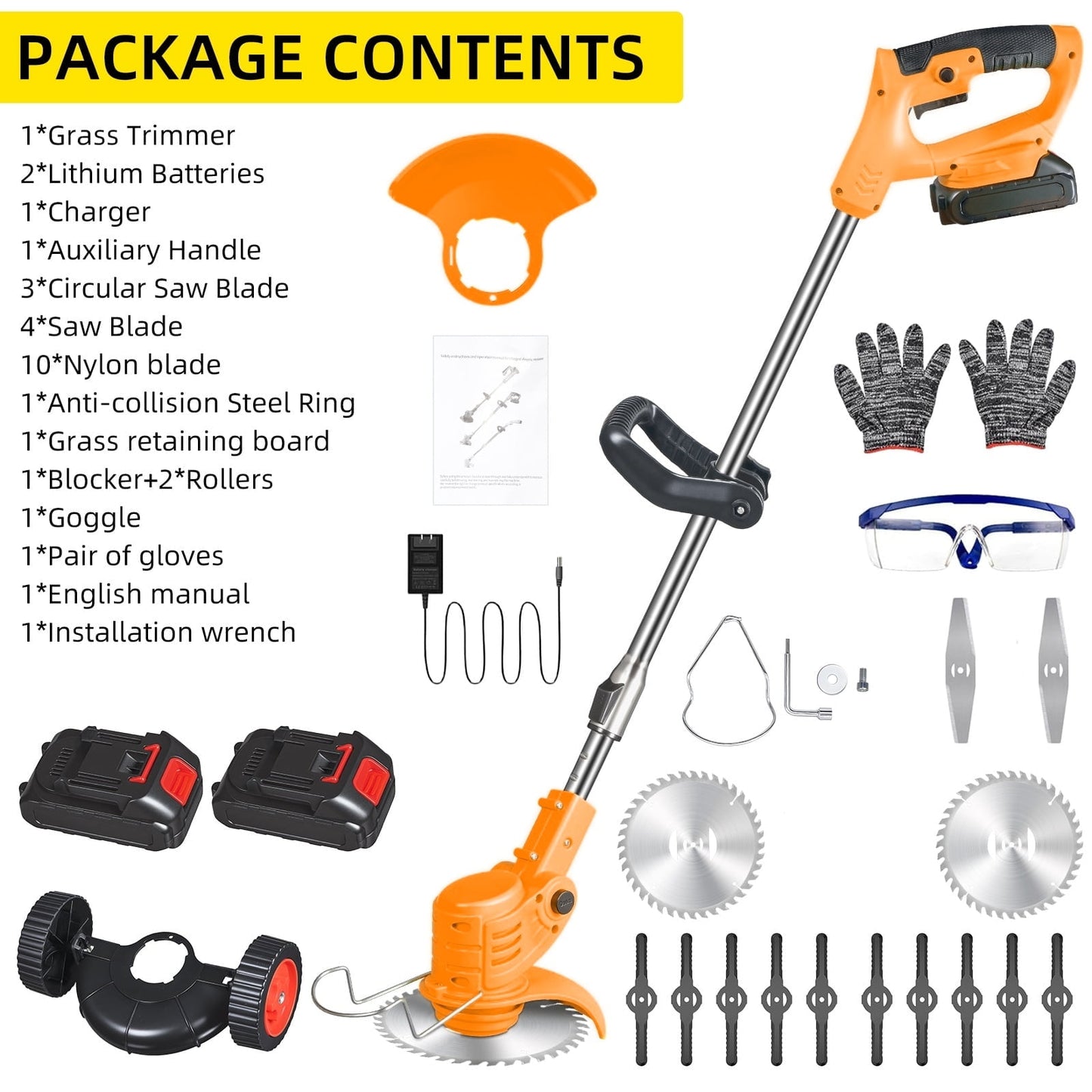 Electric Weed Wacker Battery Powered,Cordless String Trimmer Edger with Wheels 3 Function Blades Cutter for Yard and Garden