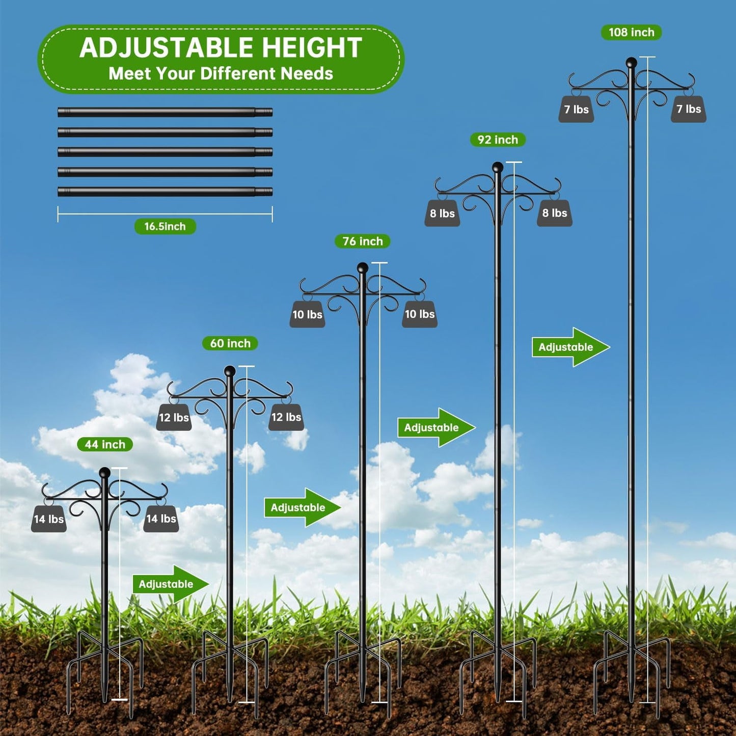 2 Pack Shepherds Hooks for Outdoor,108 Inch Heavy Duty Bird Feeder Pole with 5 Prongs Base