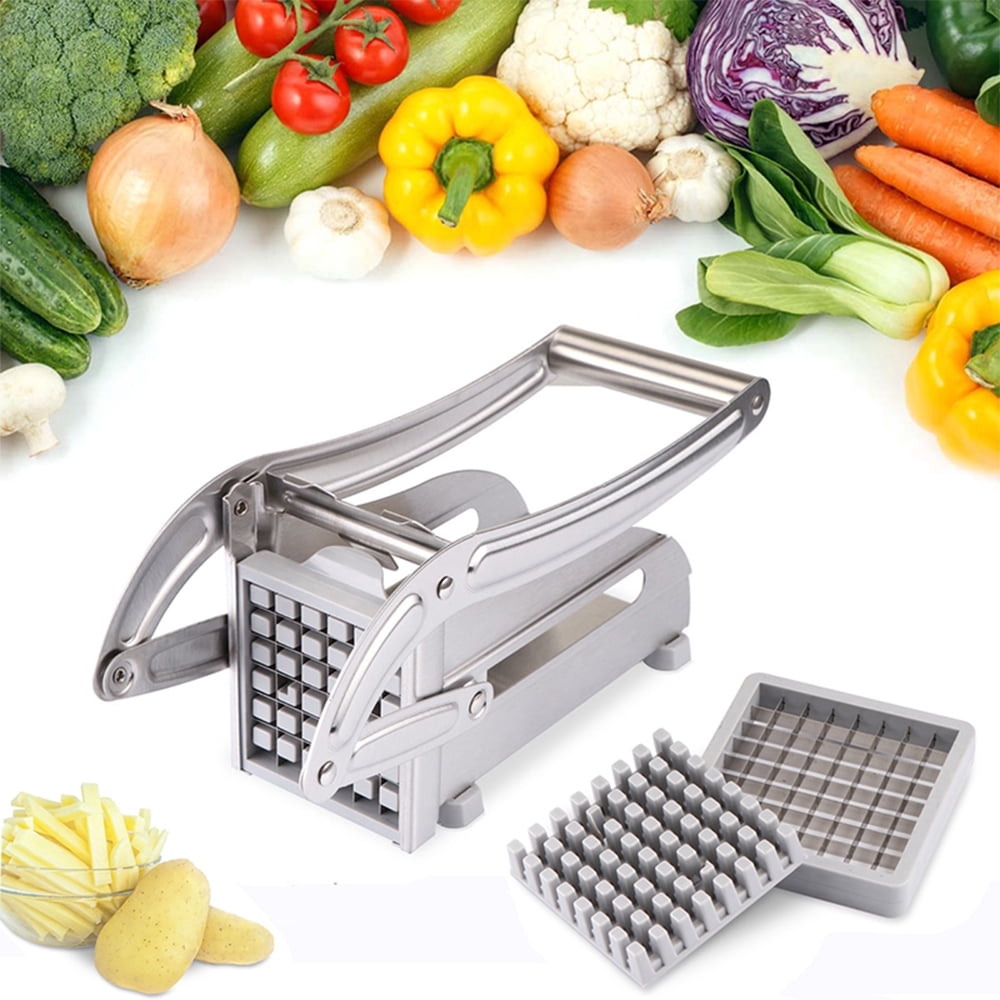 French Fry Cutter Stainless Steel Potato Slicer, Food Grade Potato Cutter with No-Slip Base & 2 Blades for Potato Vegetable Radish Cucumber Onion