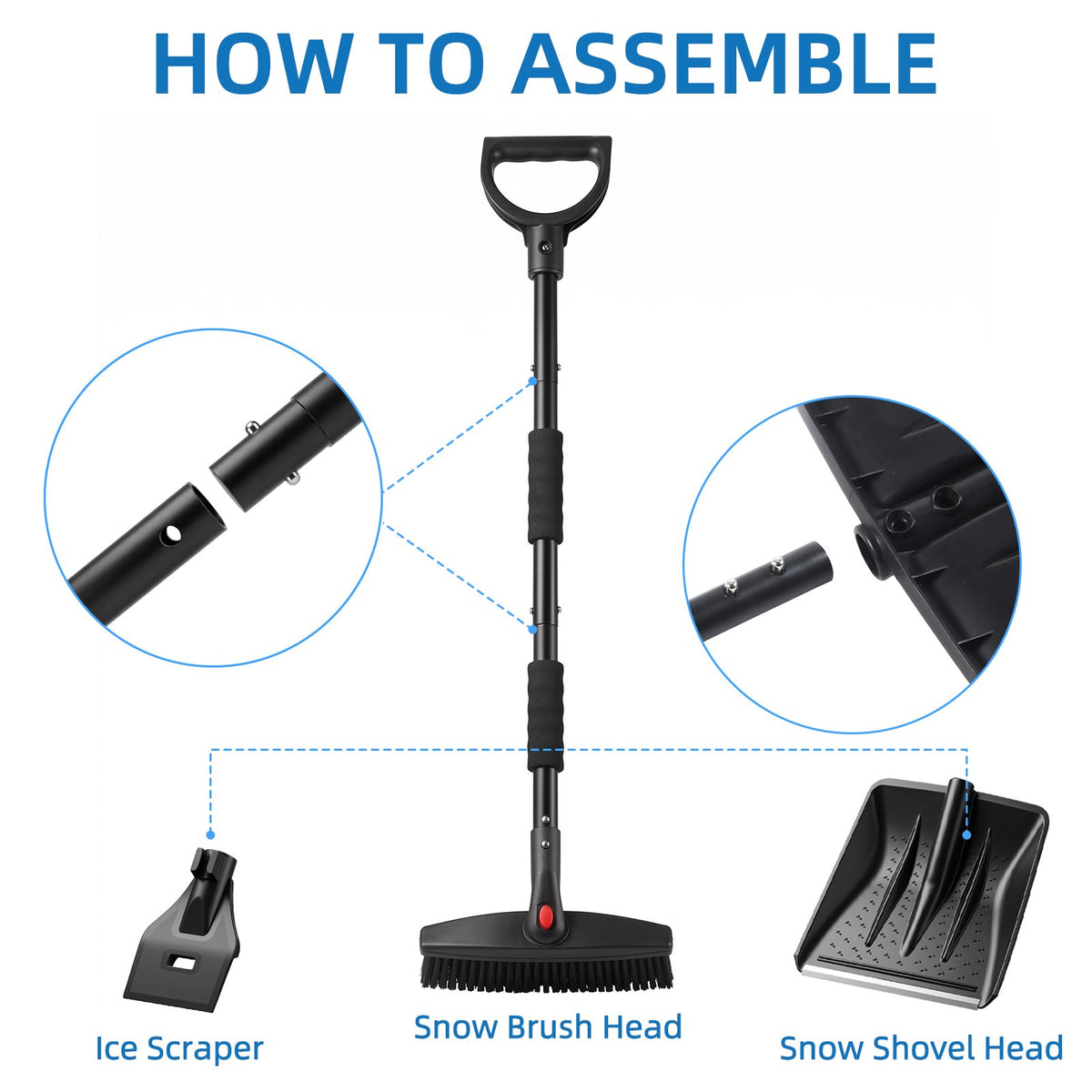 37" Detachable Car Snow Shovel & Ice Scraper Combo, 360° Rotating Snow Broom with Scratch-Free Nylon Bristles & Warm Foam Grip for Car Truck SUV