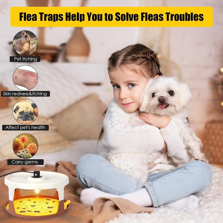 Flea Traps, 2 Pack for Indoor with 8 Sticky Refill Discs & 6 LED Light Modes for Fleas, Flies, Mosquitoes