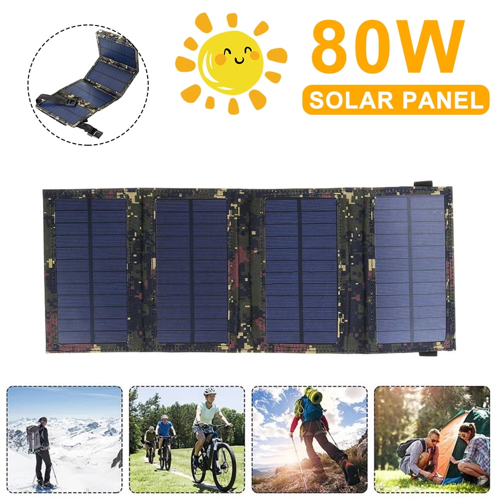 80W USB Solar Panel Folding Power Bank Outdoor Camping Hiking Phone Charger US