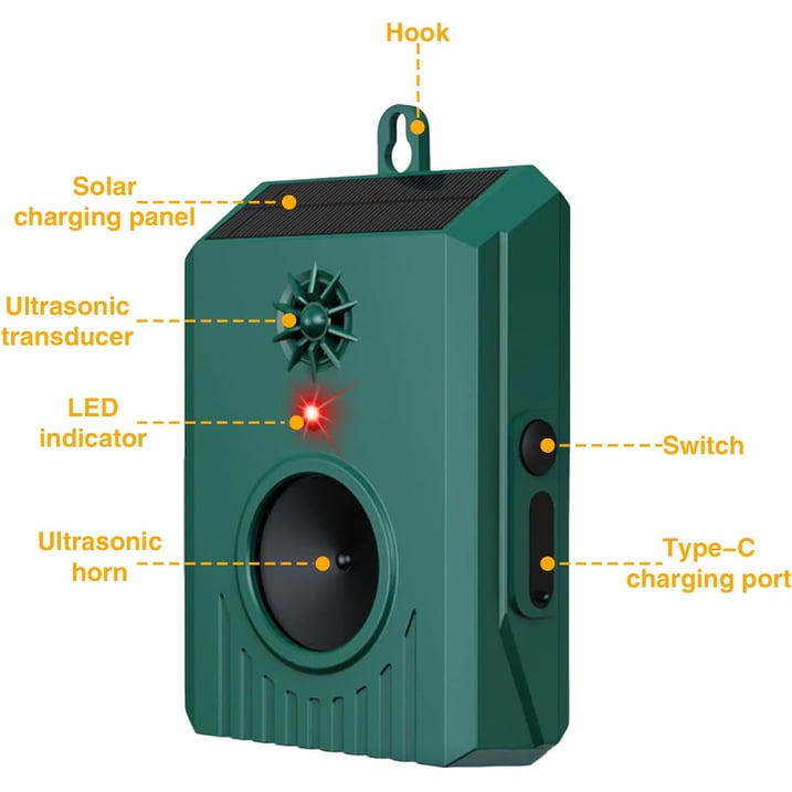 Solar Ultrasonic Bird Repeller, Outdoor Deterrent for Pigeons Woodpeckers Crows, Waterproof Hanging Humane Bird Repellent for Garden