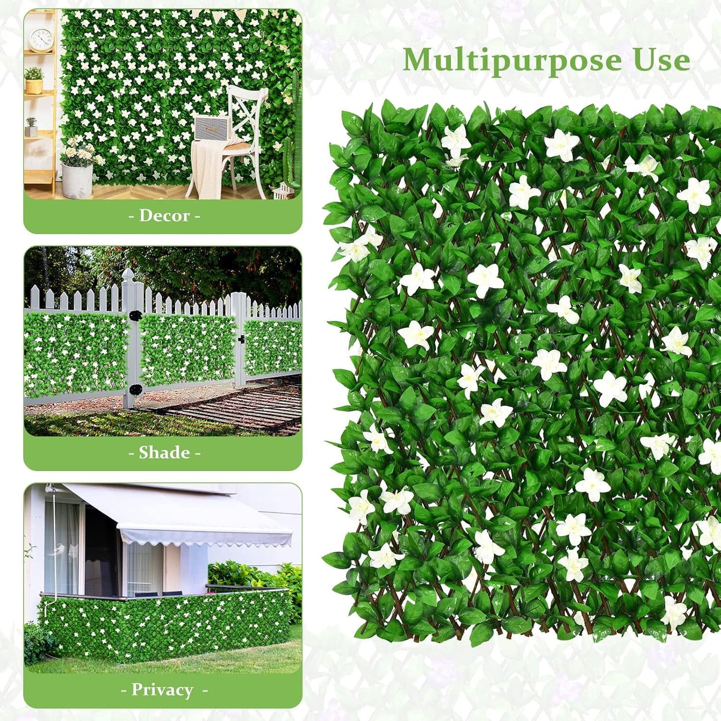 Expandable Flower Privacy Fence, 15.7" Decorative White Wood Trellis with Silk Flowers, Artificial Garden Screening for Outdoor Backyard, Balcony, Living Room Wall Decor (White)