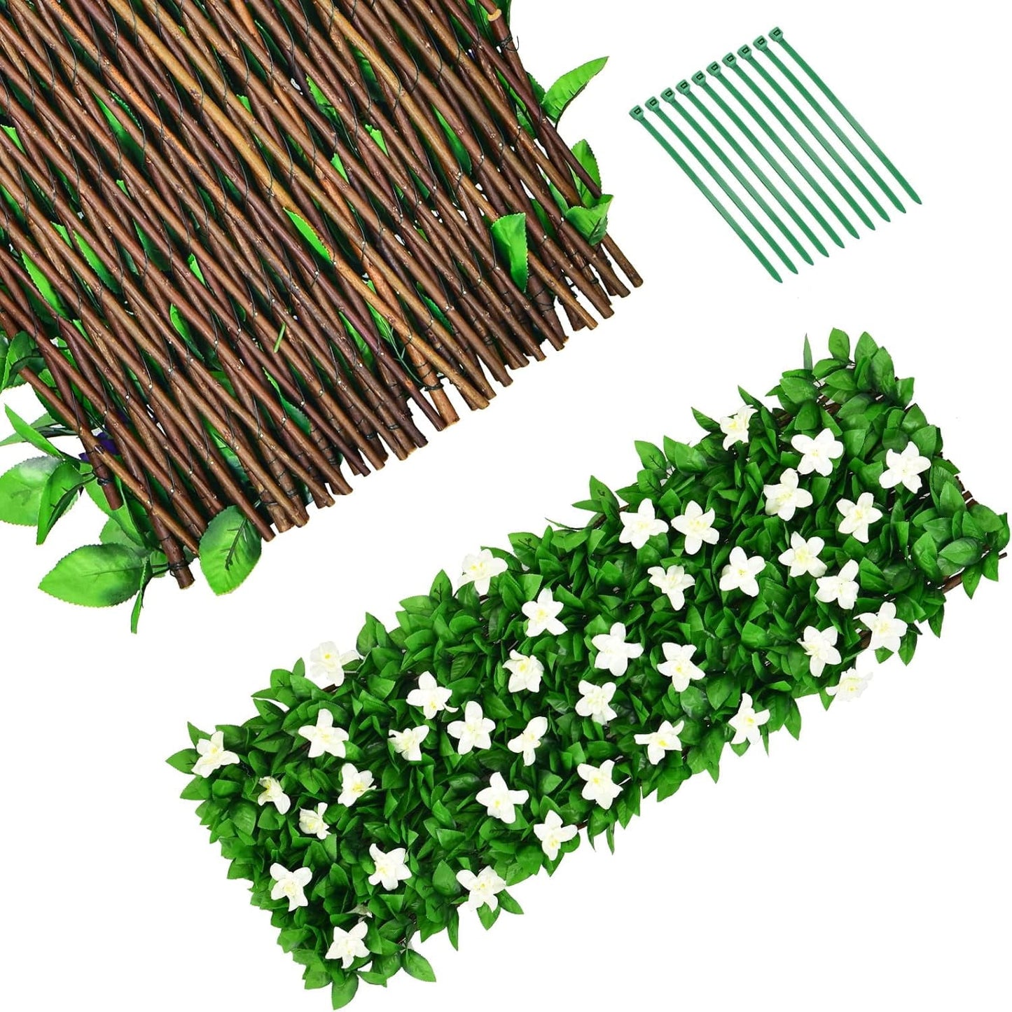 Expandable Flower Privacy Fence, 15.7" Decorative White Wood Trellis with Silk Flowers, Artificial Garden Screening for Outdoor Backyard, Balcony, Living Room Wall Decor (White)
