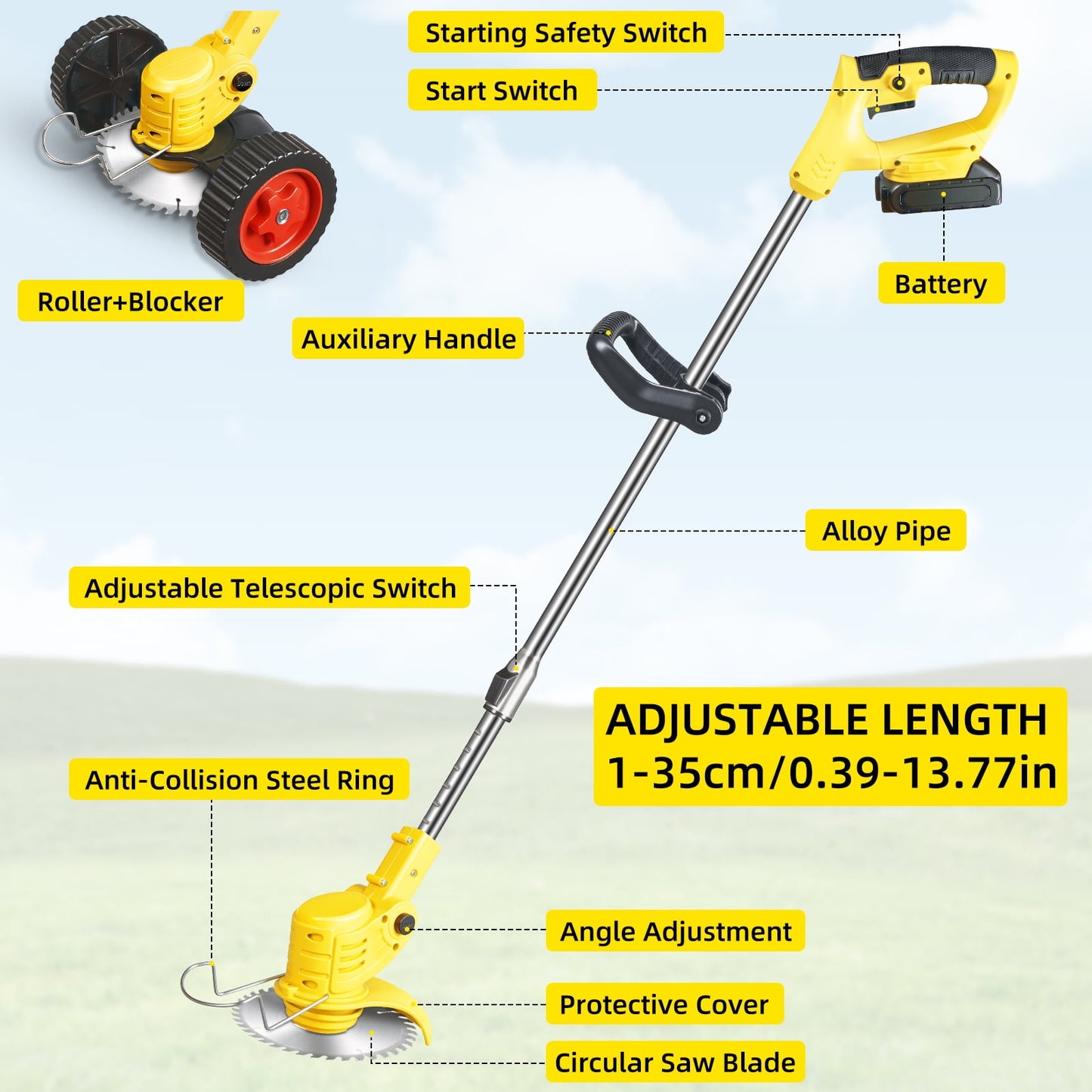 Electric Weed Wacker Battery Powered,Cordless String Trimmer Edger with Wheels 3 Function Blades Cutter for Yard and Garden