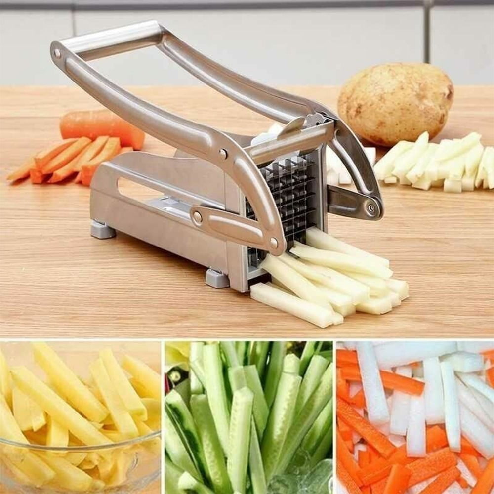 French Fry Cutter Stainless Steel Potato Slicer, Food Grade Potato Cutter with No-Slip Base & 2 Blades for Potato Vegetable Radish Cucumber Onion