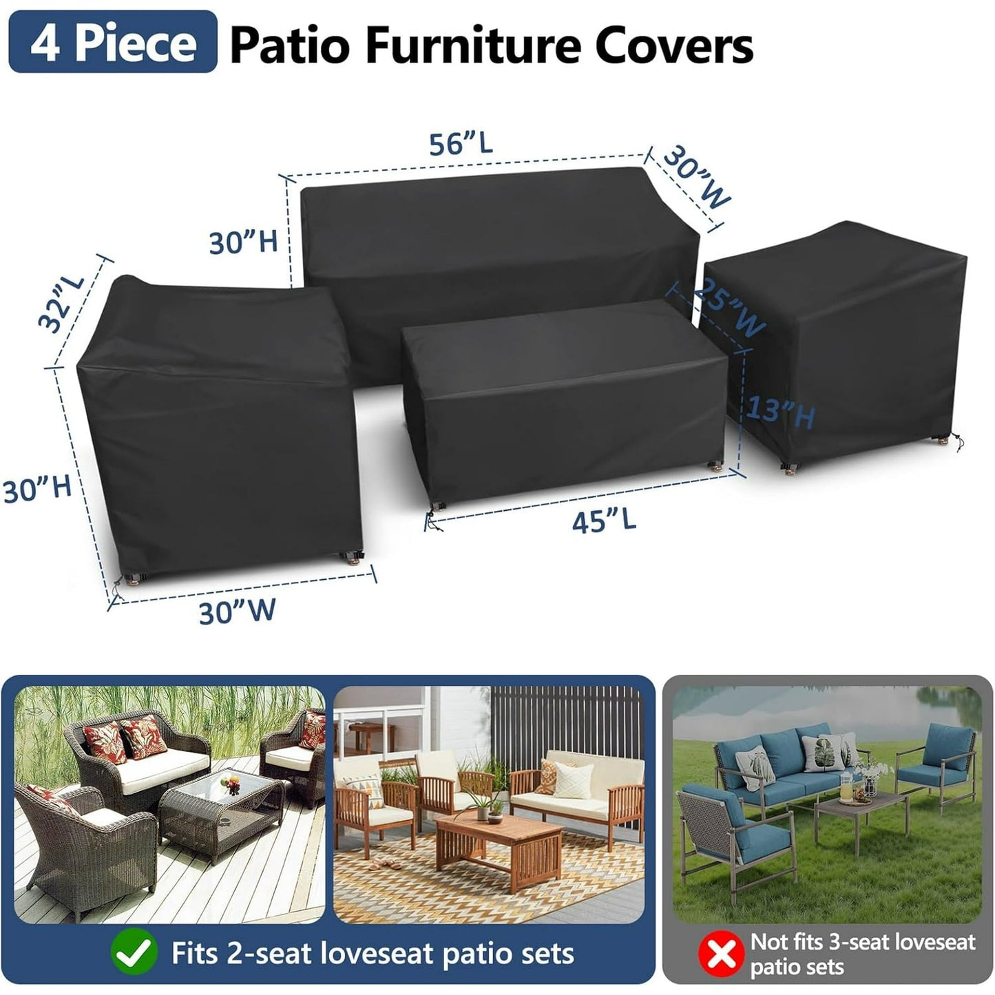 Paddsun Outdoor Furniture Cover, Waterproof 4 Piece Patio Furniture Set Cover Windproof for Outside Couch Lawn Chairs Coffee Table
