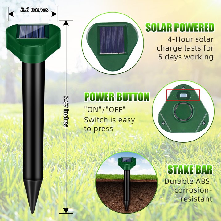 Mole Traps Solar Powered,4 Pack Waterproof Ultrasonic Gopher Traps Snake Traps for Yard Lawn Garden Groundhog Vole Chipmunk Armadillo Squirrel Rodent Deterrent Stakes