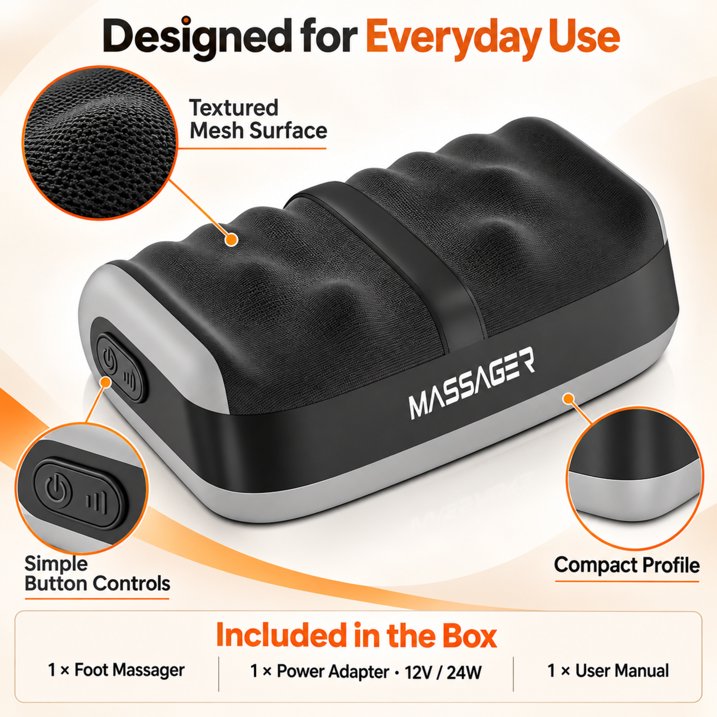 Electric Foot Massager with Heat, Deep Kneading Shiatsu Massage Machine, 3 Speeds Ergonomic Foot Rest for Home Office, Black