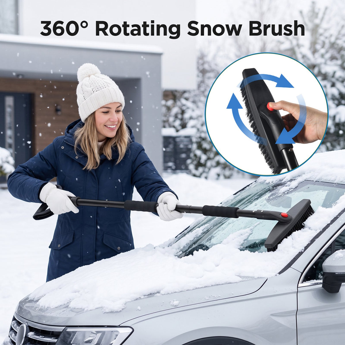37" Detachable Car Snow Shovel & Ice Scraper Combo, 360° Rotating Snow Broom with Scratch-Free Nylon Bristles & Warm Foam Grip for Car Truck SUV