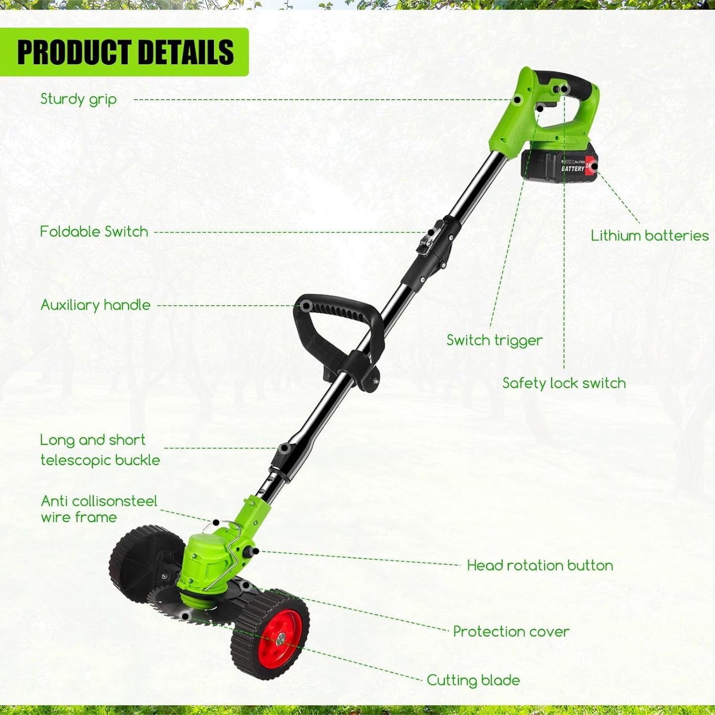 Foldable Brush Cutter Cordless Weed Wacker Electric Weed Eater with 2 Large Capacity Batteries &13 Blade for Lawn Garden Yard
