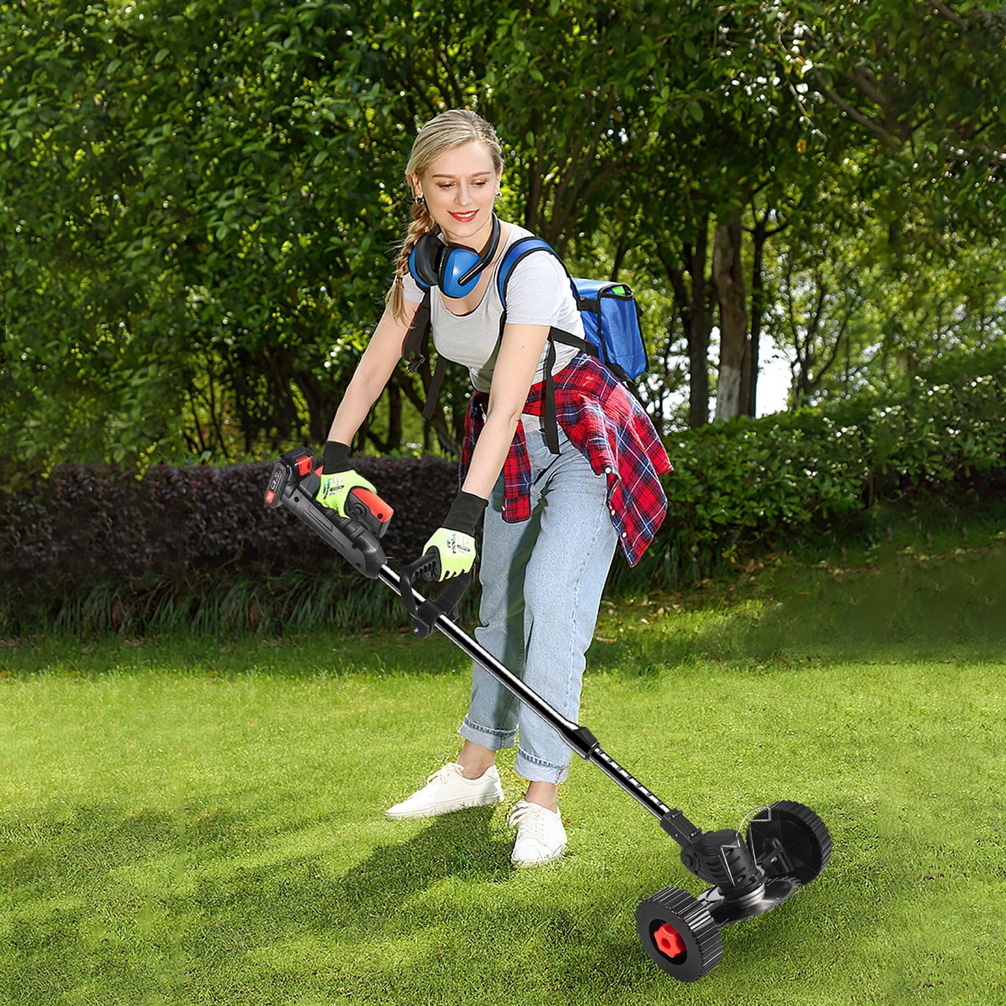 Electric Weed Wacker, Battery Powered Cordless String Trimmer Edger with Wheels,Electric Weed Eater Cutter Lawn Mower Edger Tool,Adjustable Handle,3 Function Blades Cutter for Yard and Garden