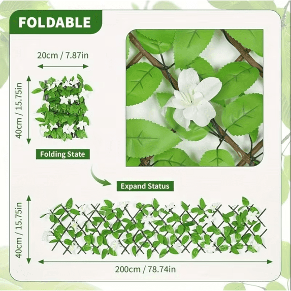 Expandable Flower Privacy Fence, 15.7" Decorative White Wood Trellis with Silk Flowers, Artificial Garden Screening for Outdoor Backyard, Balcony, Living Room Wall Decor (White)